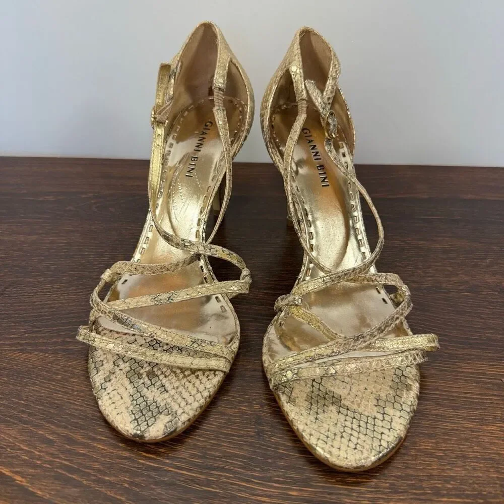 Gianni Bini Women’s gold leather snake Print 3” straps heel Sphere size 8.5